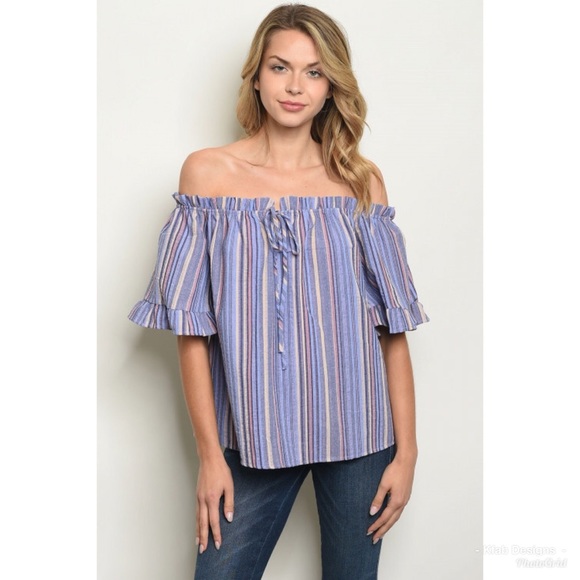 ❤️LAST 1! Off Shoulder Blue/Lavender Striped Top! - Picture 6 of 6